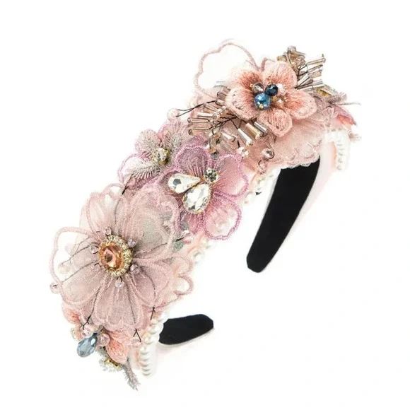 BAROQUE Style Headband Pearl Lace Petal Diamond Crystal Pink - Picture 1 of 8
